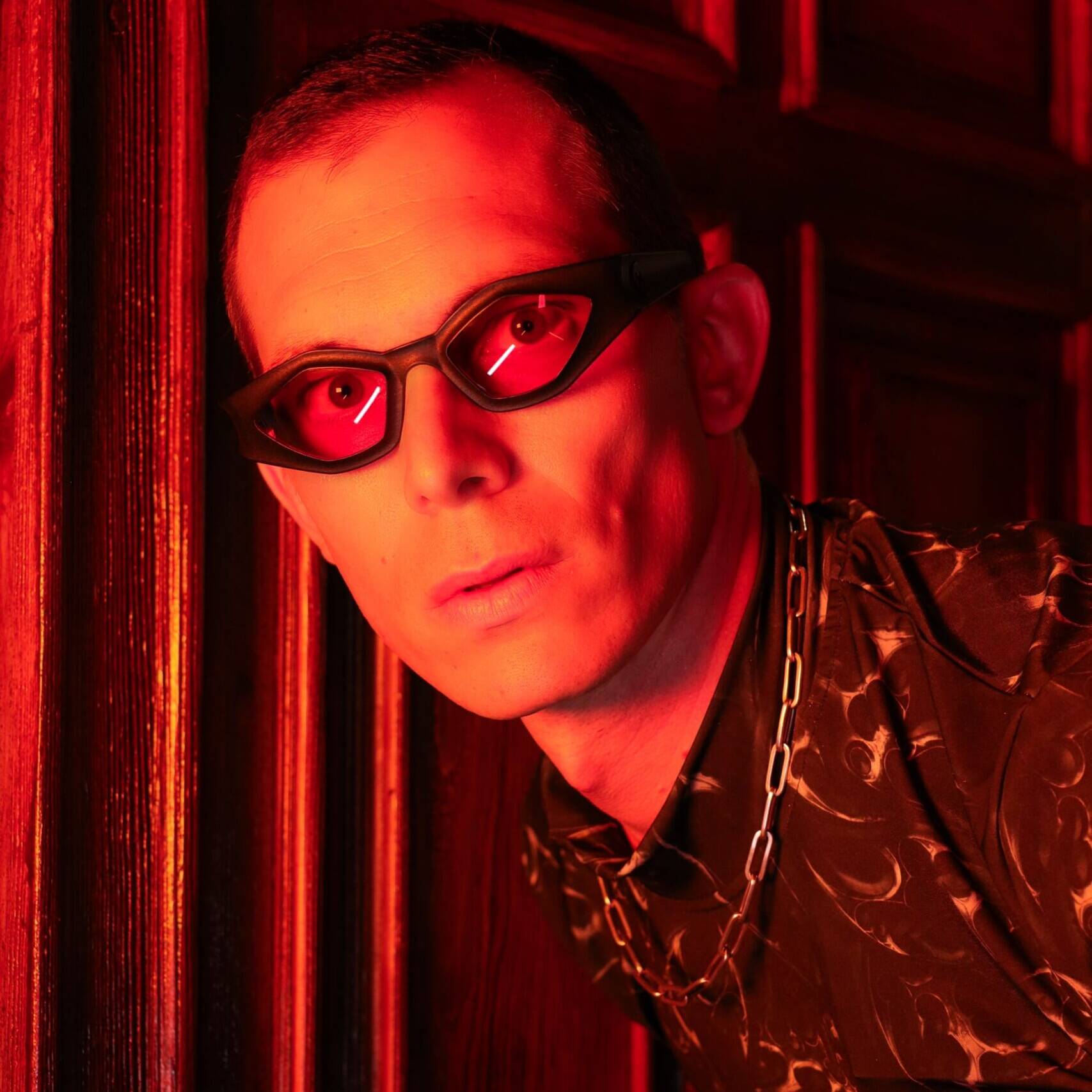 REFRAMD Afronaut Sankofa sunglasses worn by model experimental designer eyewear