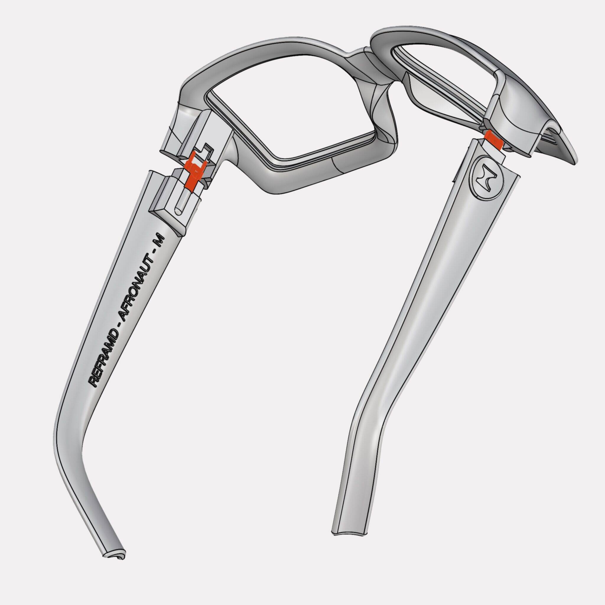 Parametric 3D-printed eyewear frame with modular hinge system – bottom view showing temple attachment and internal structure