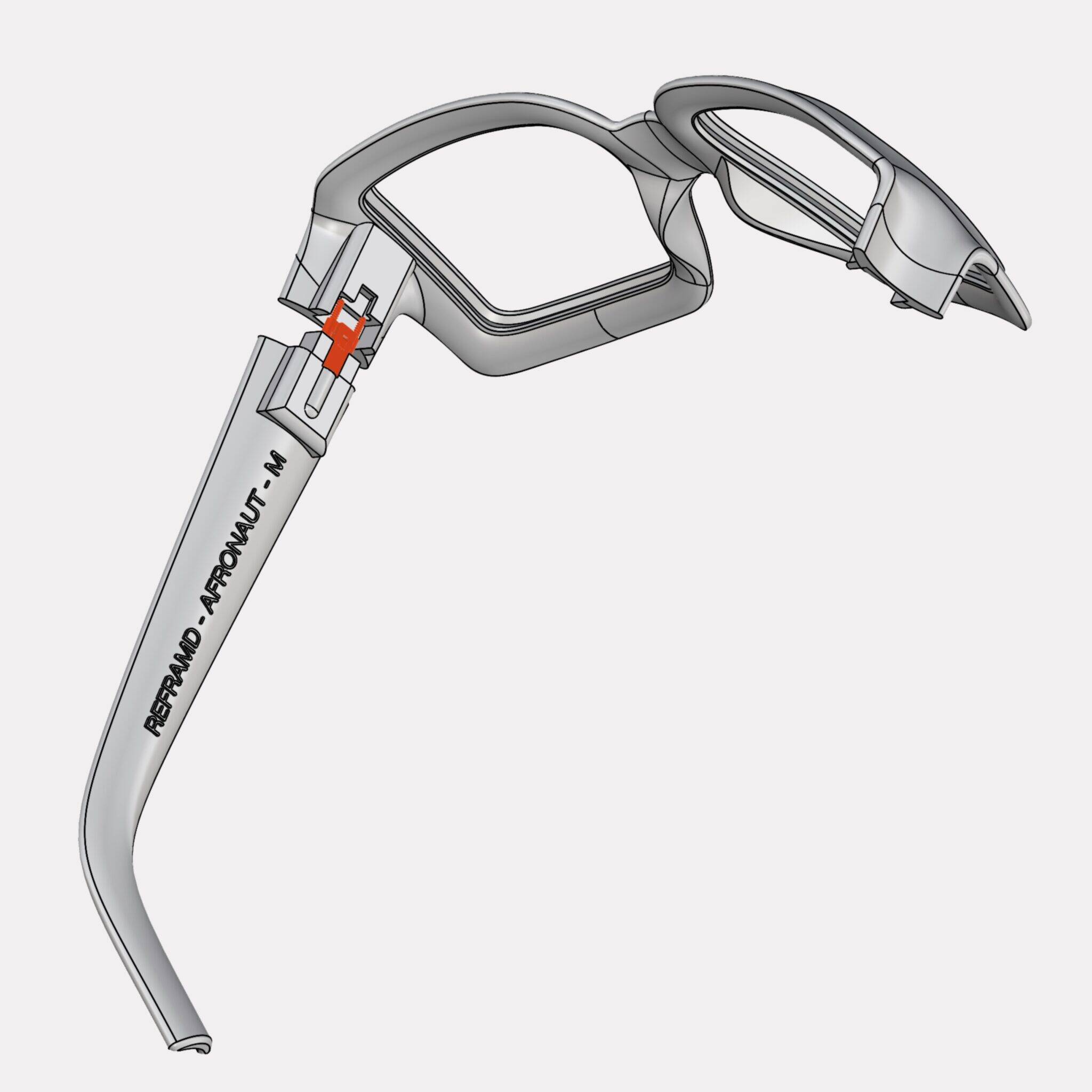 Computationally designed eyewear frame – top view of parametric glasses with integrated hinge and sculpted geometry