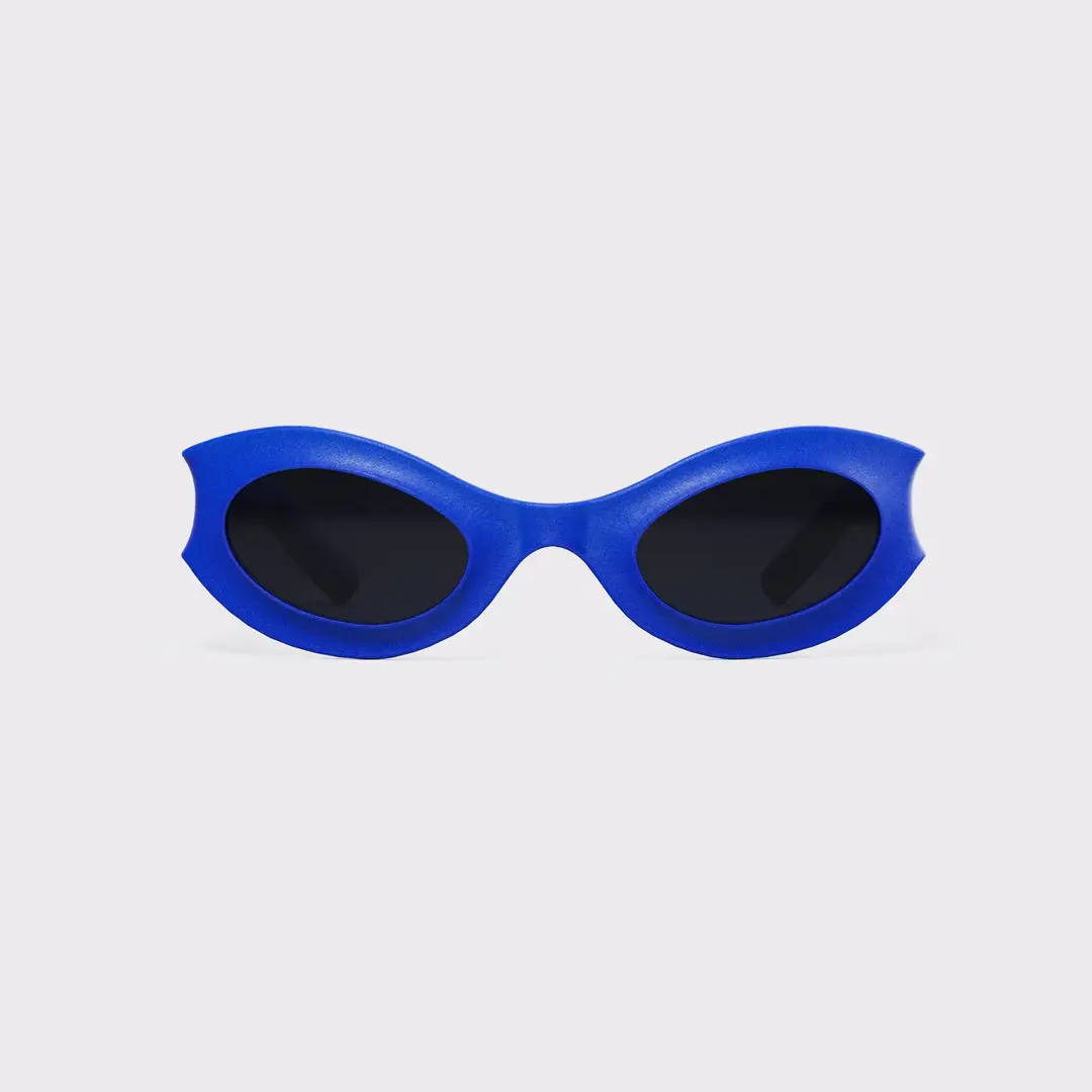 REFRAMD Afronaut Oracle 3D-printed parametric blue sunglasses with sculpted geometric frame